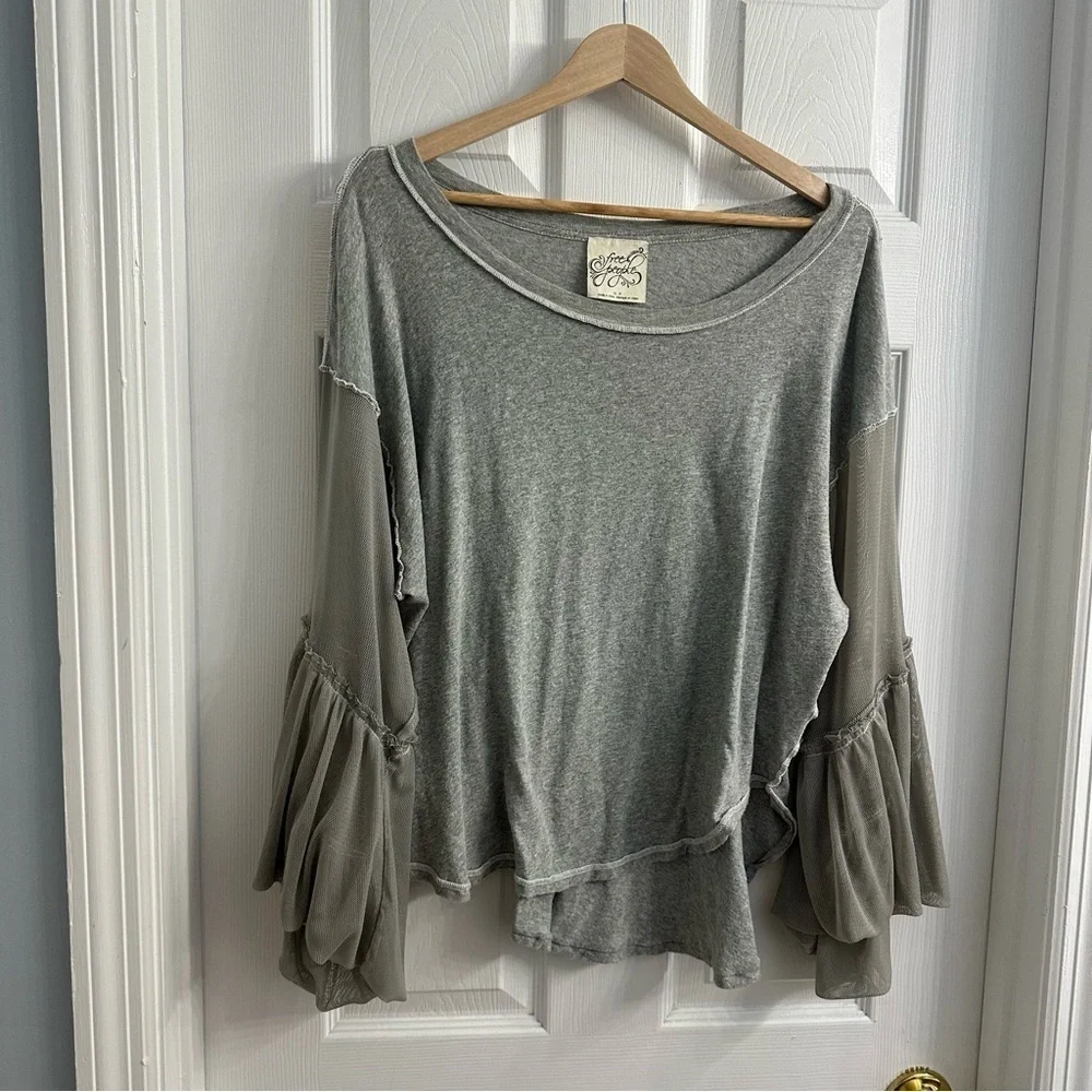 Free People BlouseFlare Sleeve Mesh Cut Out Gray Boho Lagenlook Size Extra Small